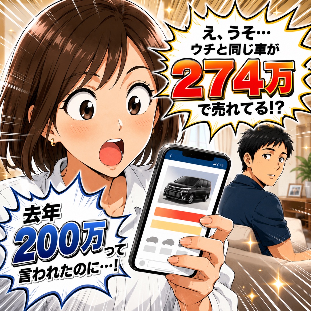 妻がスマホの査定額を見て驚くシーン