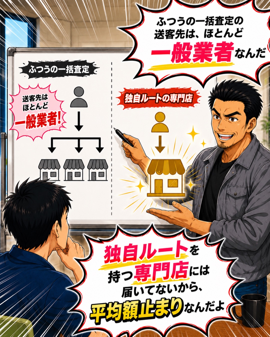 一般業者と専門店の違いをホワイトボードで図解